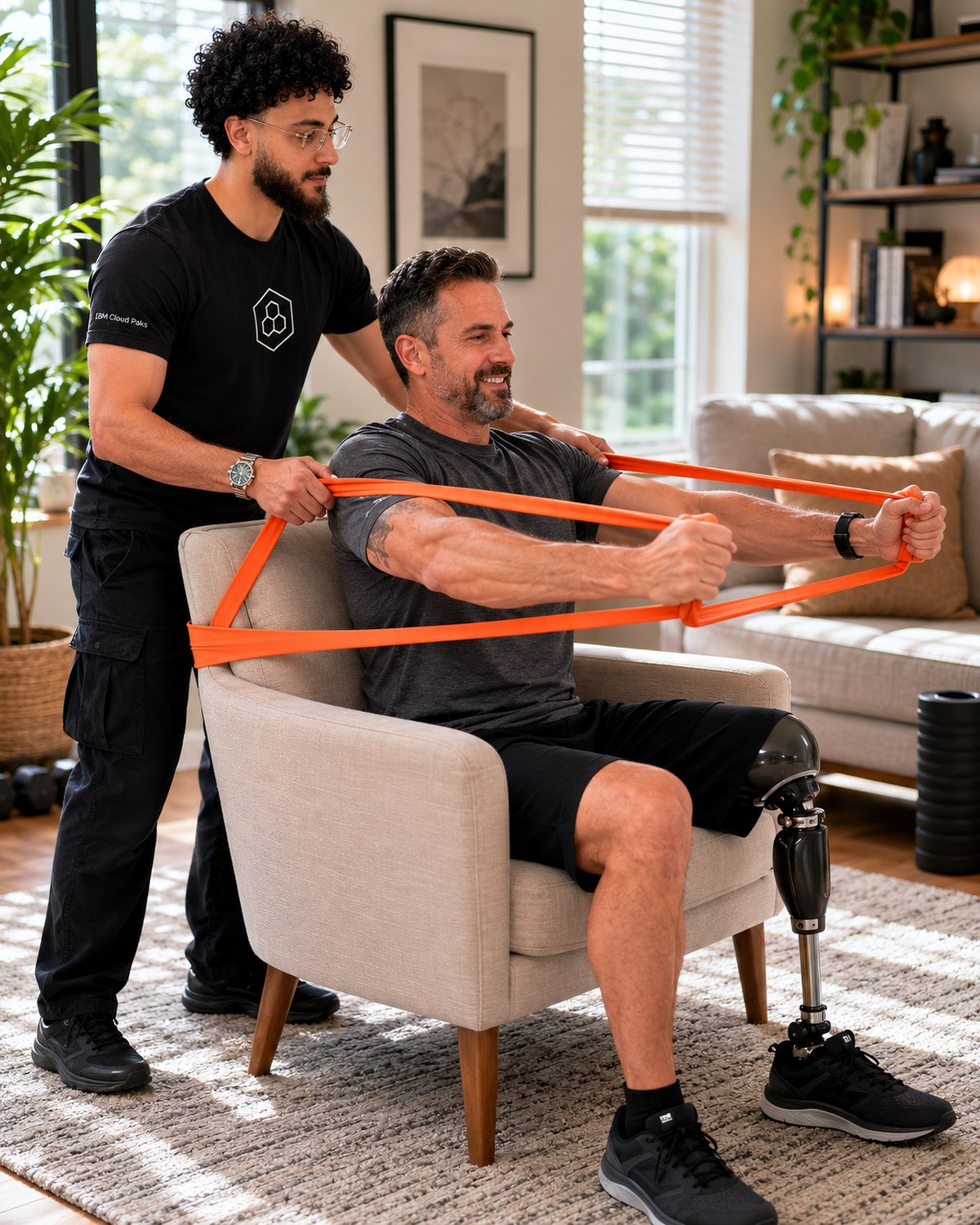 Adil coaching a client with a prosthetic leg through resistance band exercises in his living room