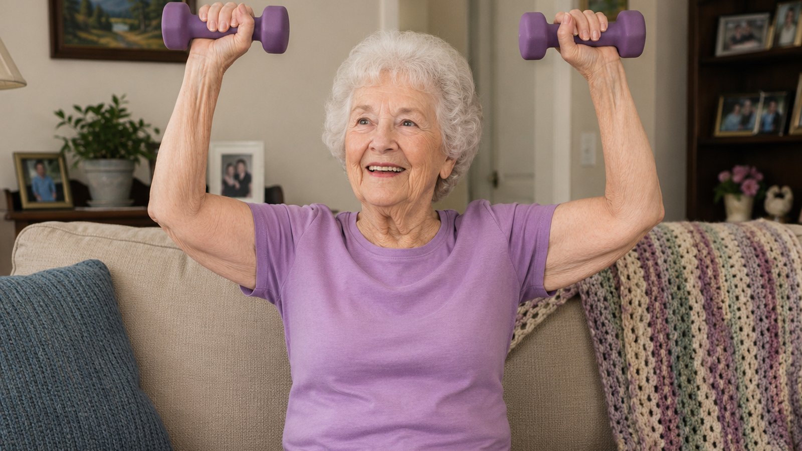 Smiling senior woman doing shoulder presses with light dumbbells on her couch