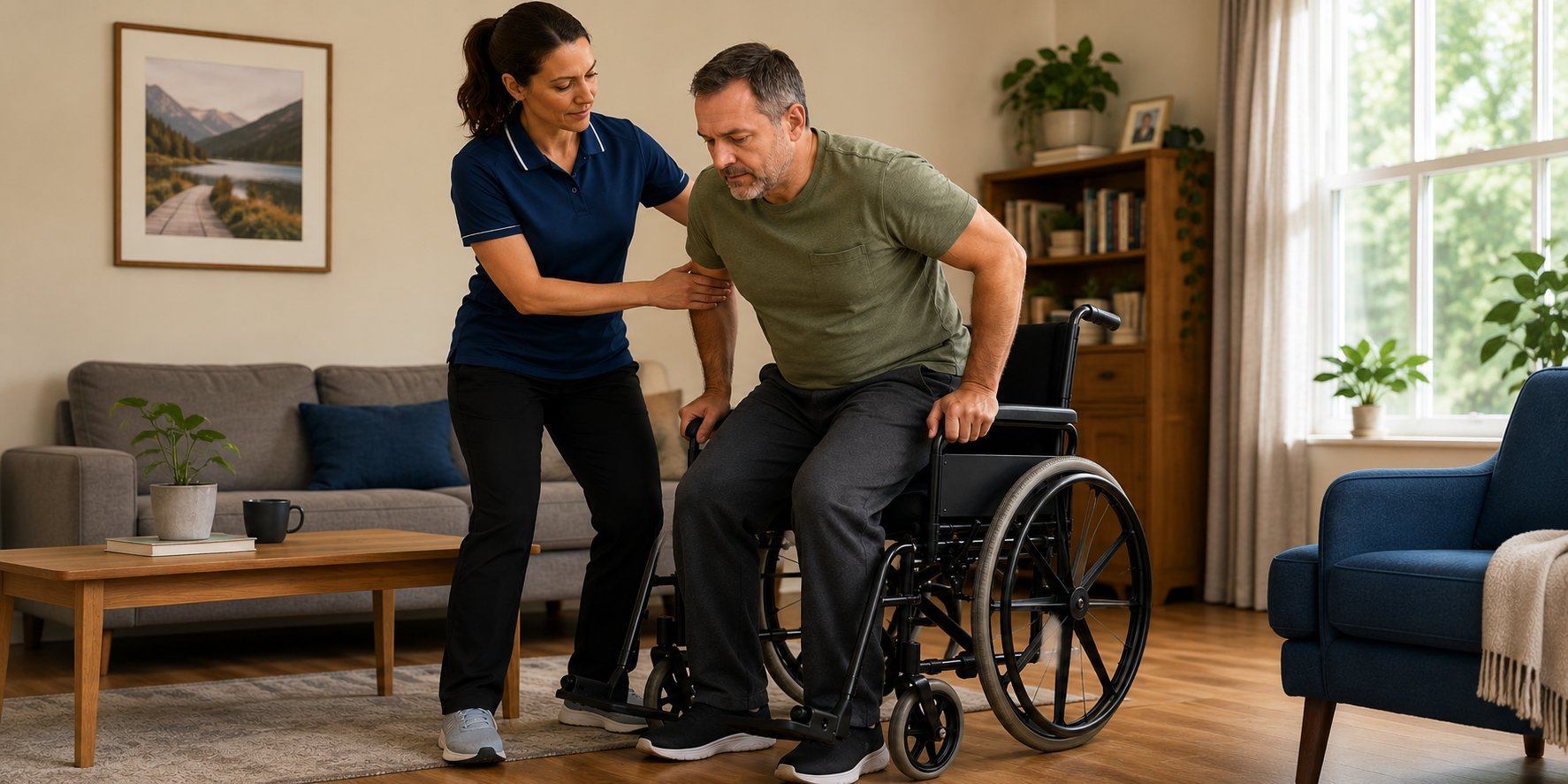Personal trainer supporting a client as he stands from his wheelchair in his living room