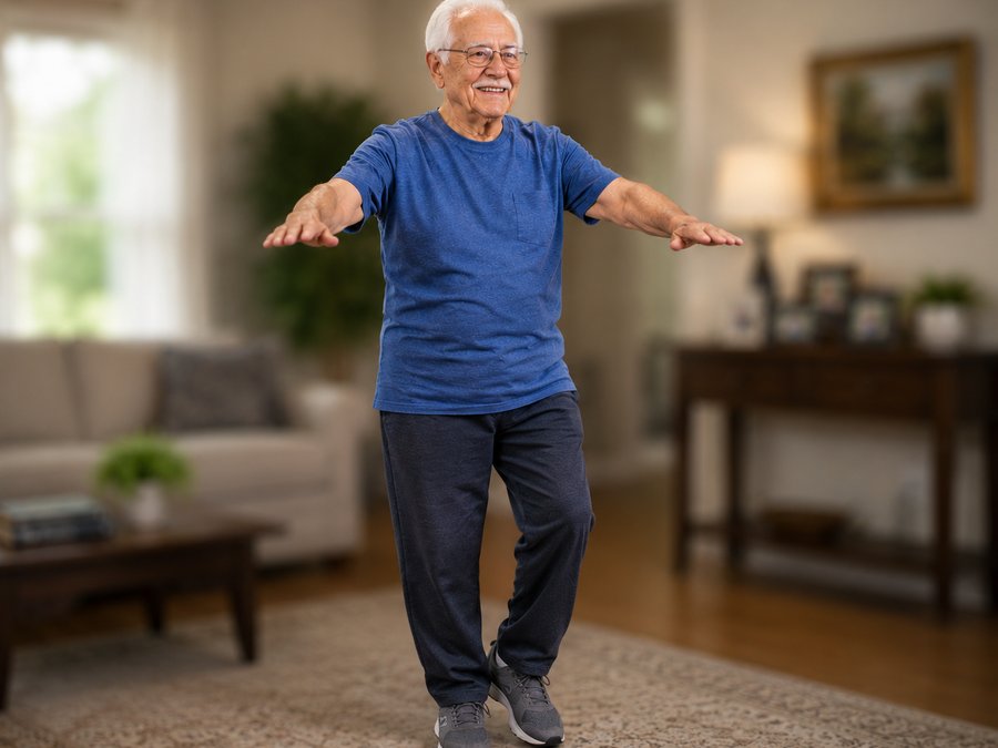 Senior man practising heel-to-toe balance with arms outstretched at home