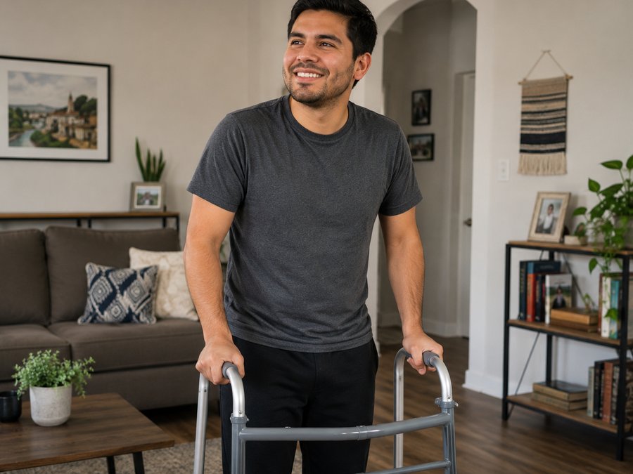 Smiling man using a walker confidently in his living room