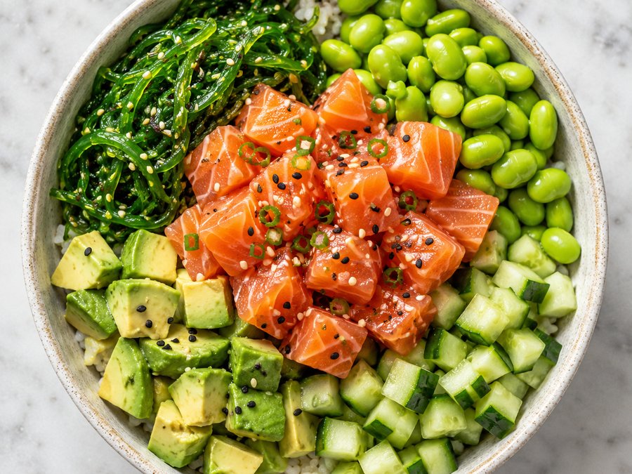 Healthy poke bowl with salmon, edamame, avocado and vegetables