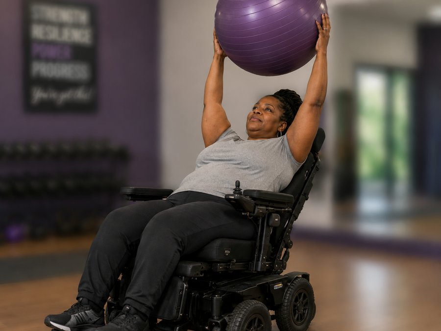 Adaptive training: woman in wheelchair lifting an exercise ball overhead
