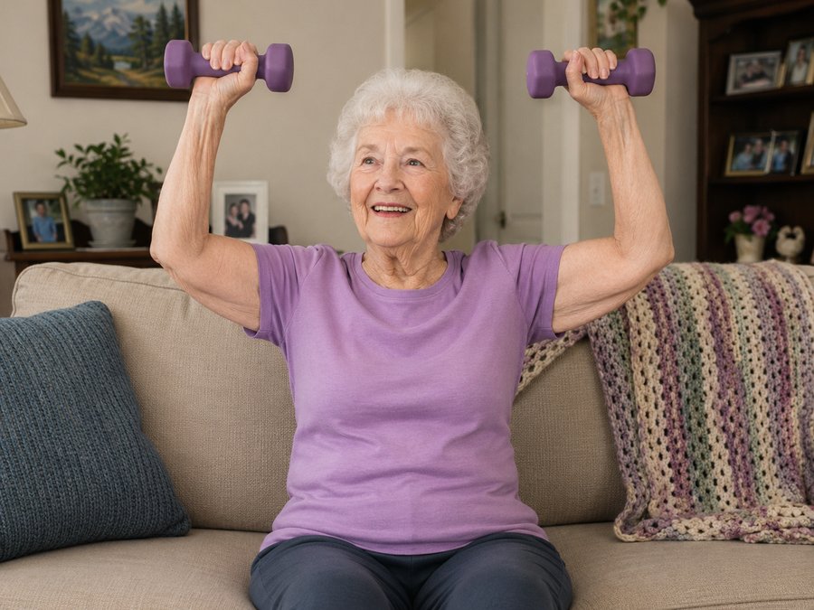Senior woman performing seated shoulder press with dumbbells at home